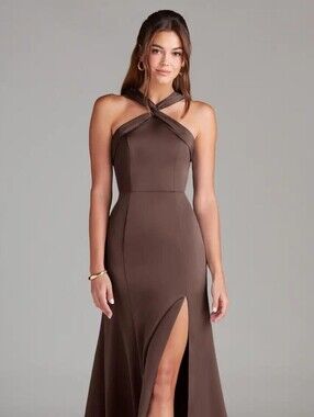 NWT Azazie Brown Cross-Neck Column Gown with Front Slit